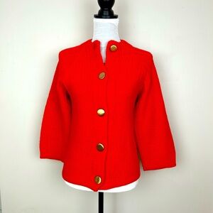 Vintage Hand Knit Chunky Cardigan Sweater Red Orange Coral